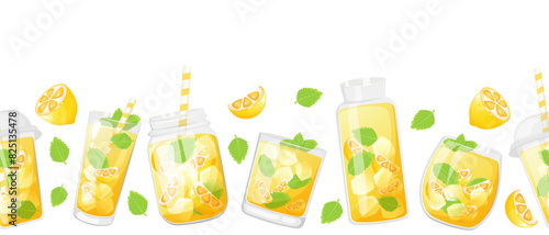 Seamless border with lemonade. Summer lemon drinks banner template