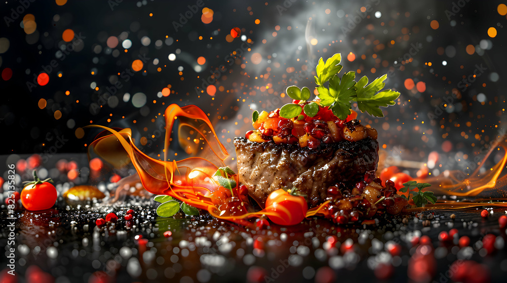 American Food Luxury Experience: Abstract Digital Art Capturing Rich Flavors and Exquisite Presentation in a Photo Realistic and Glossy Concept American Food Luxury Experience: Abstract Digital Art Capturing Rich Flavors and Exquisite Presentation in a Photo Realistic and Glossy Concept
