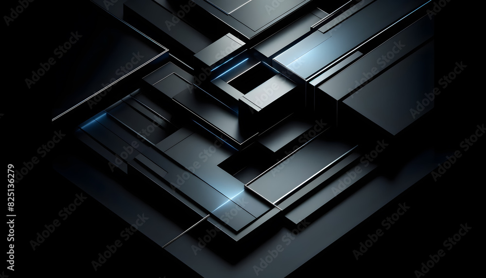intersecting dark geometric shapes with subtle blue light highlights. The sleek, futuristic composition emphasizes sharp angles and clean lines, set against a dark intersecting dark geometric shapes with subtle blue light highlights. The sleek, futuristic composition emphasizes sharp angles and clean lines, set against a dark