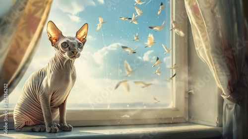 A curious Sphynx cat with wrinkled skin and large ears, perched on a windowsill, gazing intently at a flock of birds flying past the window.