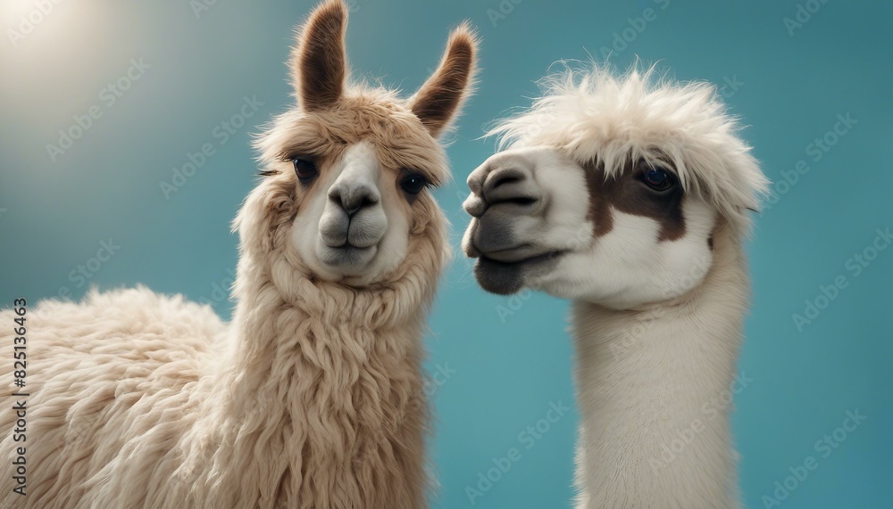An adorable white and brown alpaca or llama stands out on a blue background.
