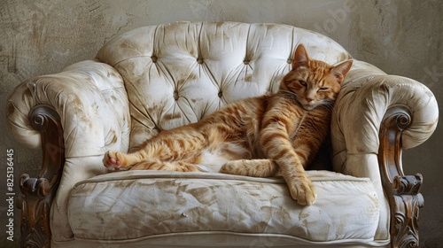 A contented orange tabby cat, sprawled luxuriously on a plush white armchair, a single paw hanging playfully over the edge.