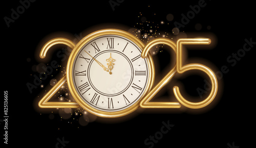 Gold Happy New Year 2025 logo, clock face and burst glitter sparkles on black background. Vector illustration. Merry Christmas template design for posters, flyers, brochures or vouchers © kotoffei