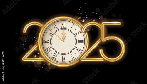Gold Happy New Year 2025 logo, clock face and burst glitter sparkles on black background. Vector illustration. Merry Christmas template design for posters, flyers, brochures or vouchers