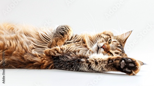 A contented Maine Coon cat sprawled luxuriously on its back, paws outstretched, basking in a warm spotlight against a clean white background. photo