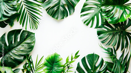 A white background with green tropical leaves in the corners  creating an empty space for text or design
