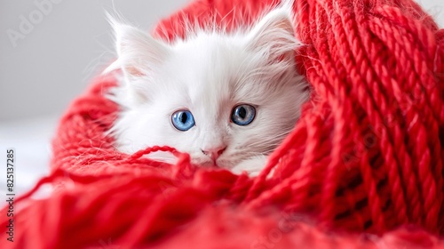 A fluffy white kitten with bright blue eyes, peeking out from behind a giant red ball of yarn, its pink nose barely visible against a white background. photo