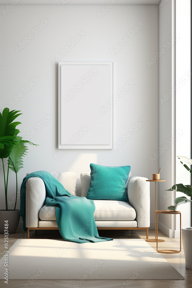 A sunlit living room with minimalist decor, a pop of teal in the accents, and a pristine white frame mockup on the wall. A sunlit living room with minimalist decor, a pop of teal in the accents, and a pristine white frame mockup on the wall.