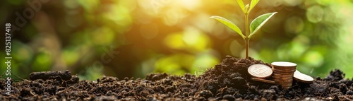 A vibrant seedling emerging from rich, moist soil with scattered coins, symbolizing investment and growth, isolated on white background, ample copy space, highquality image. photo