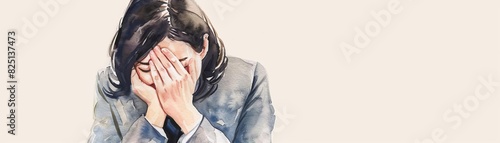 Businesswoman hiding face in hands after a failed deal, emotional, watercolor, muted tones