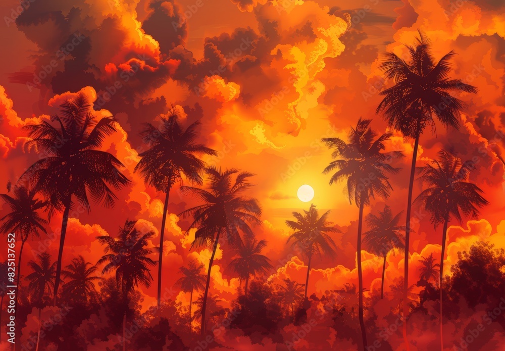 Naklejka premium A seamless pattern of a sunset with late afternoon light filtering through thick clouds and tall coconut trees at the beach. The sun on the horizon casts orange and red tones, and the clouds are orang