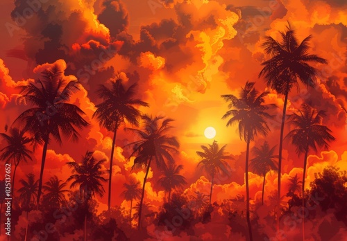 A seamless pattern of a sunset with late afternoon light filtering through thick clouds and tall coconut trees at the beach. The sun on the horizon casts orange and red tones, and the clouds are orang