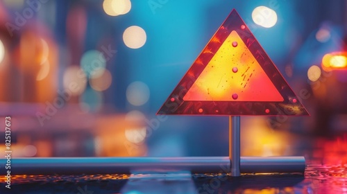 3D model of a warning sign icon representing risk management with a vibrant backdrop photo