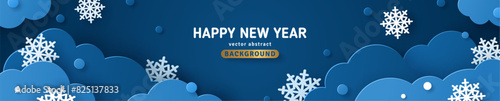 Snowflakes paper cut blue clouds. 2025 Merry Christmas Happy New Year Design. Vector illustration. Place for text. Xmas banner party invitation background, poster flyer. Origami holiday border frame