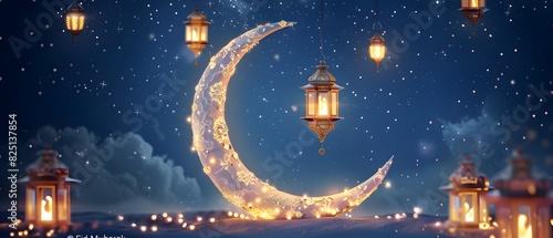 Illustration of a Background with Crescent Moon and Lamps, Eid and Ramadan.