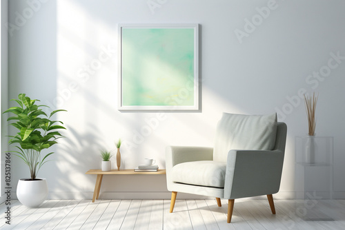 A sunlit room with a mint green accent chair against a soft grey rug  flanked by sleek white shelves holding contemporary decor  a blank white frame mockup on the wall.