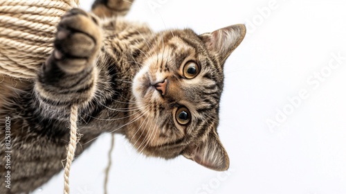 A mischievous tabby cat with a mischievous grin, tangled upside down in a ball of yarn, its paws flailing in the air against a white background. photo