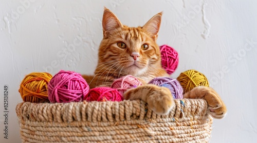 A contented orange tabby cat, sprawled luxuriously on a woven straw basket overflowing with colorful yarn balls, against a white wall. photo