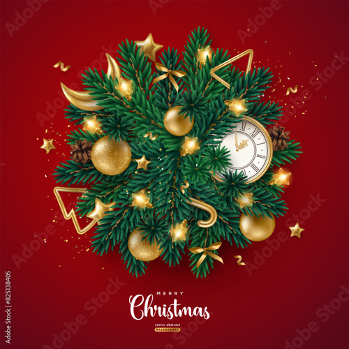 Merry Christmas Happy New Year 2025 Poster. Xmas Fir Tree Branches, Golden Baubles, Moon, Clock on Red Background. Vector illustration. Pattern holiday frame template design, promo banner, flyer