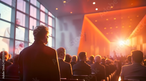 Congregation in modern church with sunlight