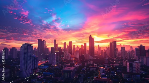 Wallpaper Mural Stunning cityscape during vibrant sunset with colorful sky and skyscrapers silhouette, showcasing urban beauty and breathtaking views. Torontodigital.ca