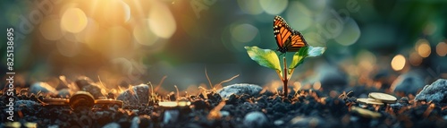 A new seedling growing with a butterfly perched on it and gold coins nearby  representing economic success  highresolution  clear and colorful  sharp and professional image.