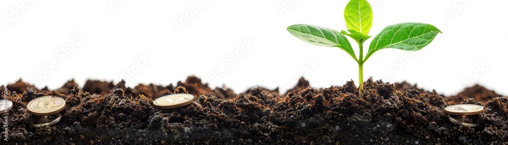 A green seedling breaking through moist soil with coins scattered around, symbolizing investment opportunities, isolated on white, copy space, sharp detail, vibrant and professiona A green seedling breaking through moist soil with coins scattered around, symbolizing investment opportunities, isolated on white, copy space, sharp detail, vibrant and professiona