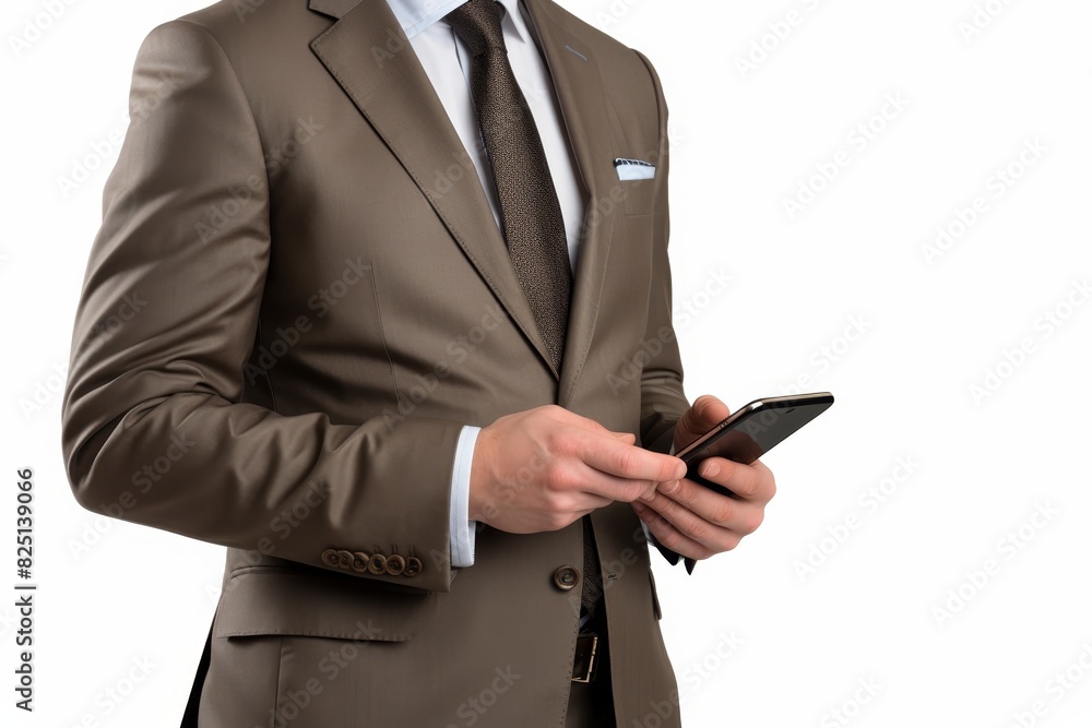 Person with smartphone on white background for diverse marketing and search applications Person with smartphone on white background for diverse marketing and search applications