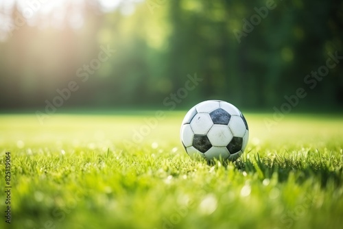 Soccer ball on vibrant green grass field in a crowded soccer stadium  sports concept