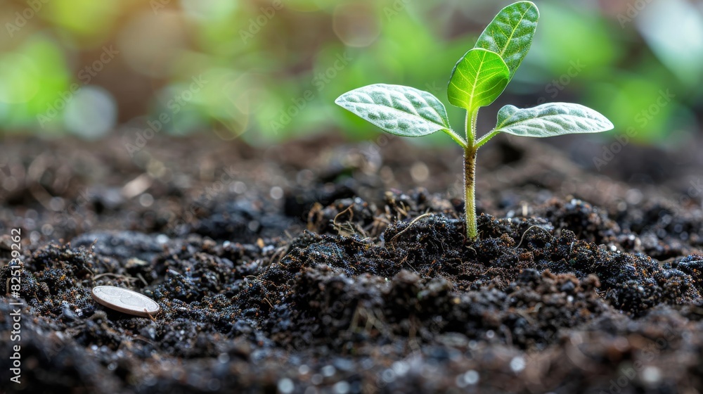 A delicate seedling growing in moist soil with coins scattered around, financial investment concept, isolated on white background, ample copy space, sharp and highquality image. A delicate seedling growing in moist soil with coins scattered around, financial investment concept, isolated on white background, ample copy space, sharp and highquality image.