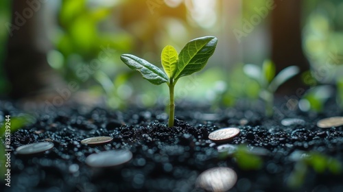 A small green seedling growing in dark, moist soil with coins scattered around, financial growth metaphor, isolated on white, copy space, crisp detail, professional stock photo qua photo