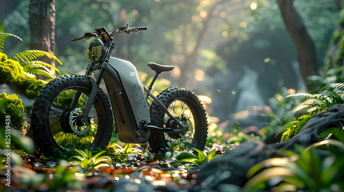 Photo realistic as Glossy electric bike in nature concept as High resolution image of a glossy electric bike in a scenic natural setting symbolizing zero carbon emissions and susta photo