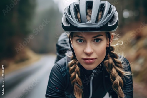 Una hermosa ciclista rubia joven entrenando en una carretera de montaña.  © Julio