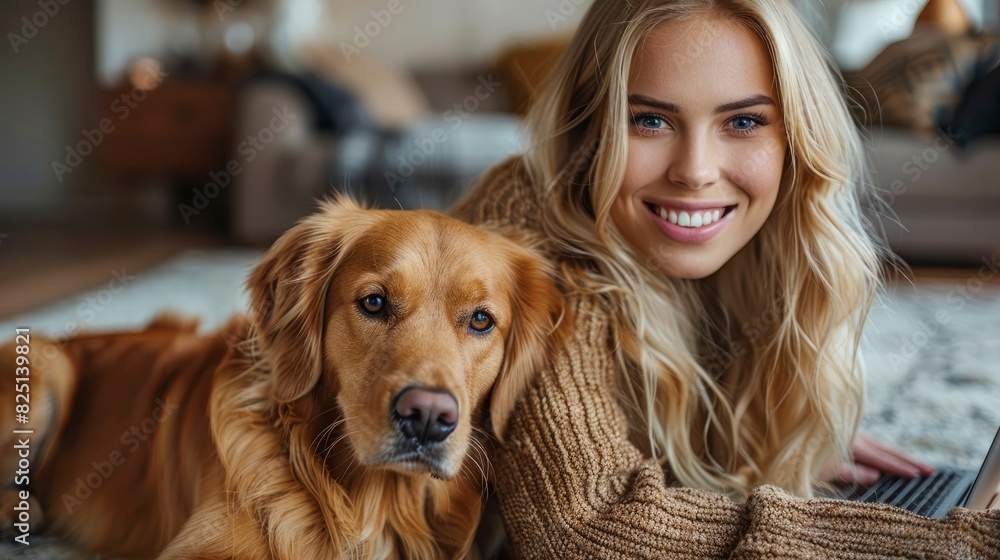 Person sitting on the floor with laptop and dog by their side Person sitting on the floor with laptop and dog by their side