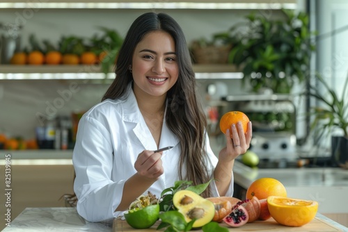 Una hermosa nutricionista mexicana con un abrigo blanco, sonriendo y sosteniendo una naranja en su mano mientras está sentada en su escritorio rodeada de frutas sobre las cuales sostiene un bolígrafo  photo