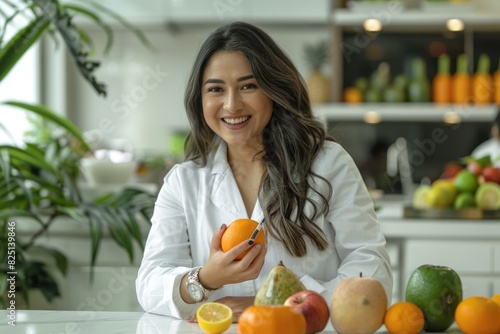 Una hermosa nutricionista mexicana con un abrigo blanco, sonriendo y sosteniendo una naranja en su mano mientras está sentada en su escritorio rodeada de frutas sobre las cuales sostiene un bolígrafo  photo