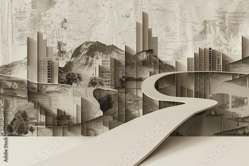 Minimalist 3D render highlighting a navigation map with a clear road soft tone photo