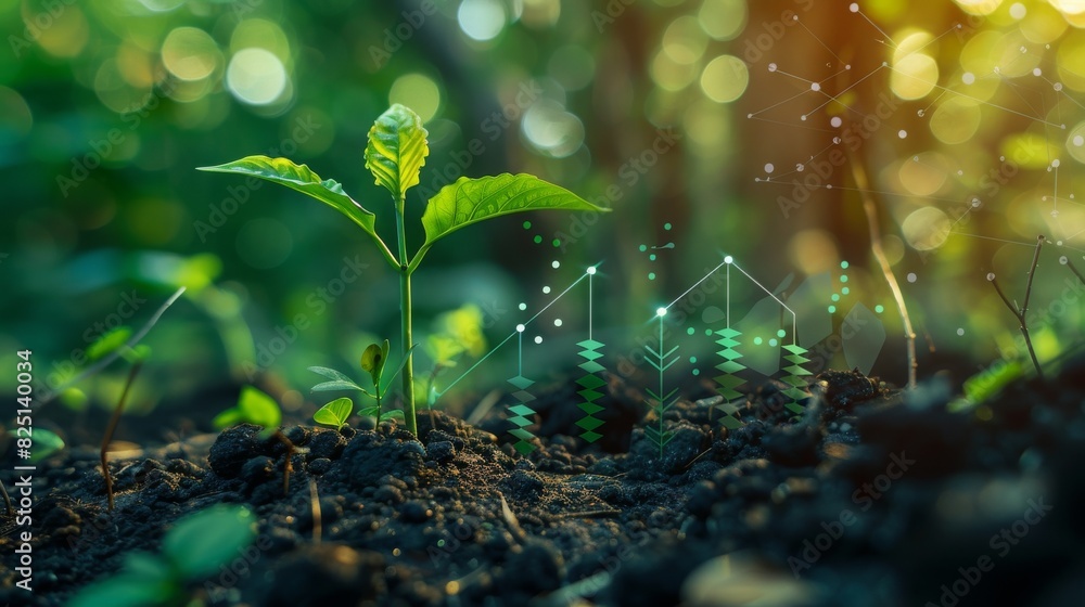 A tiny seedling sprouting in a forest with an upward financial graph behind it, symbolizing economic growth, high resolution, sharp detail, professional and vibrant image.