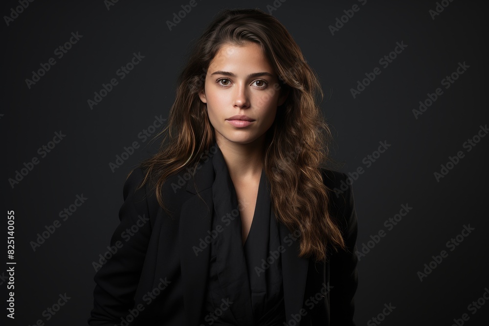 Confident young businesswoman with crossed arms on gray background, trendy female executive Confident young businesswoman with crossed arms on gray background, trendy female executive