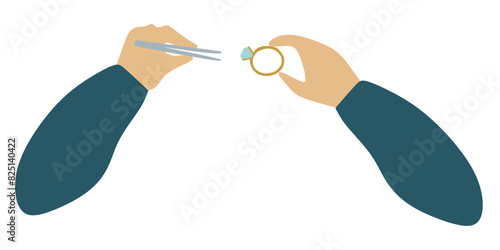 Flat And Outline jeweler hands Holding Tweezers and Big Ruby Gemstone. Red Brilliant icon. Jeweler profession. Jeweler day card. Vector Cartoon illustration isolated on white. Jewelry making concept.