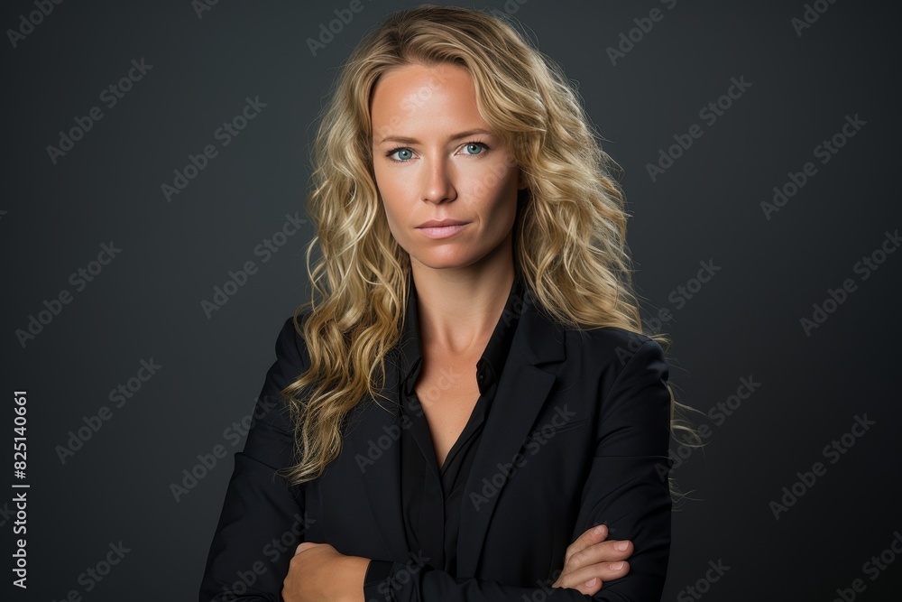 Confident young female executive posing in trendy style on gray backdrop, looking at camera Confident young female executive posing in trendy style on gray backdrop, looking at camera