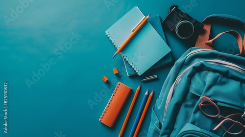 Teal backpack and scattered school supplies including notebooks, pencils, and pens on a matching teal background. With copy space for text