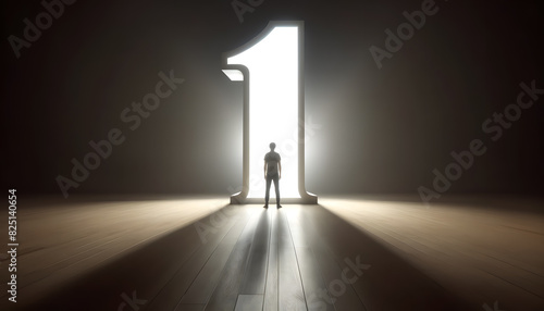 a person standing in front of a large, illuminated number one. The scene is set in a spacious, dimly lit room with wooden flooring. © KeetaKawee