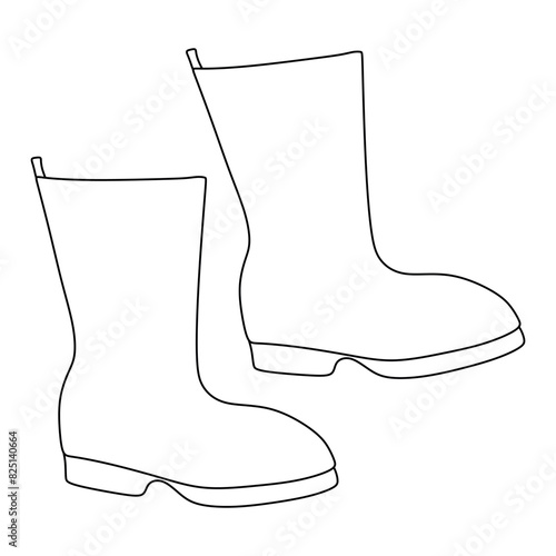 Rubber Garden boots. Outline vector illustration. Linear Protection shoes, Waterproof Footwear or Working uniform. Hand Drawn Autumn Gum boots, Black and White Graphic Design Art, Doodle object
