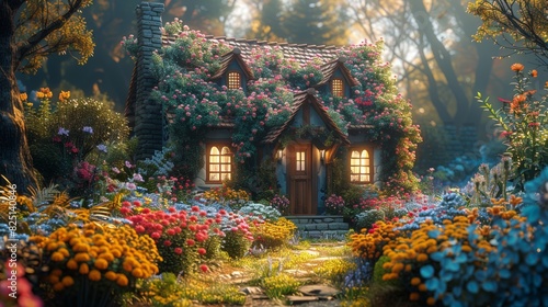 A charming cottage garden overflowing with colorful flowers. AI generate illustration