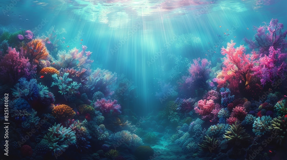 Vibrant Underwater Coral Reef Teeming with Marine Life in the Ocean's Embrace.