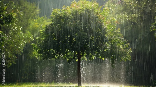 Rain is falling down from a sizable tree situated at the center of the garden photo