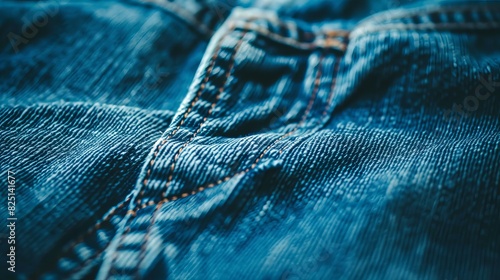 The image features trendy blue denim pants from a new jeans collection. This close-up clothes photography provides a detailed view of the fabric texture and design photo