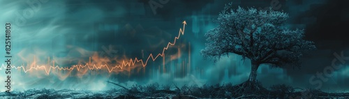 A withered tree with a downward trend graph in the background, symbolizing economic decline, highresolution, dramatic and detailed, professional stock photo quality. photo