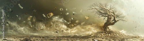 A withered tree amidst a sandstorm with old banknotes around, symbolizing financial turmoil, highresolution, dramatic and detailed, professional stock photo quality. photo